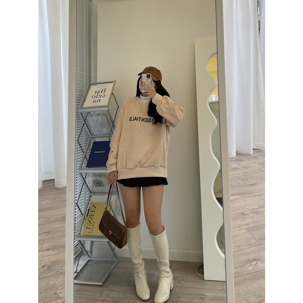 (Ảnh thật) Áo nỉ bông trơn cổ tròn/hoodie chữ E the.sweaterweather TSW