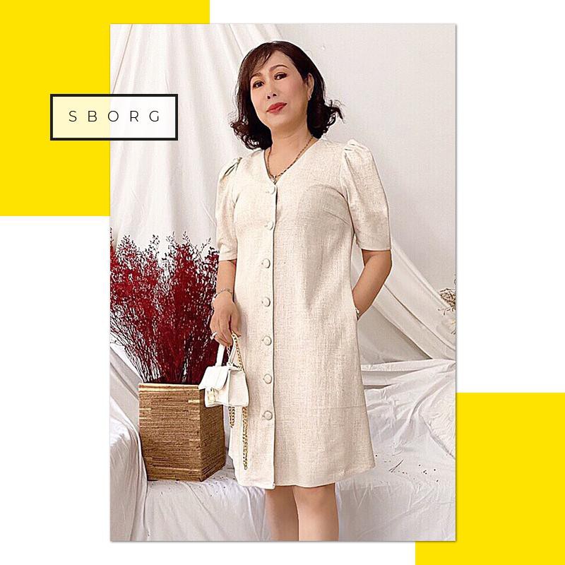 Đầm trung niên SBORG hàng thiết kế cao cấp chất liệu linen màu kem form A thoải mai de thương Bigsize quà tặng 8/3