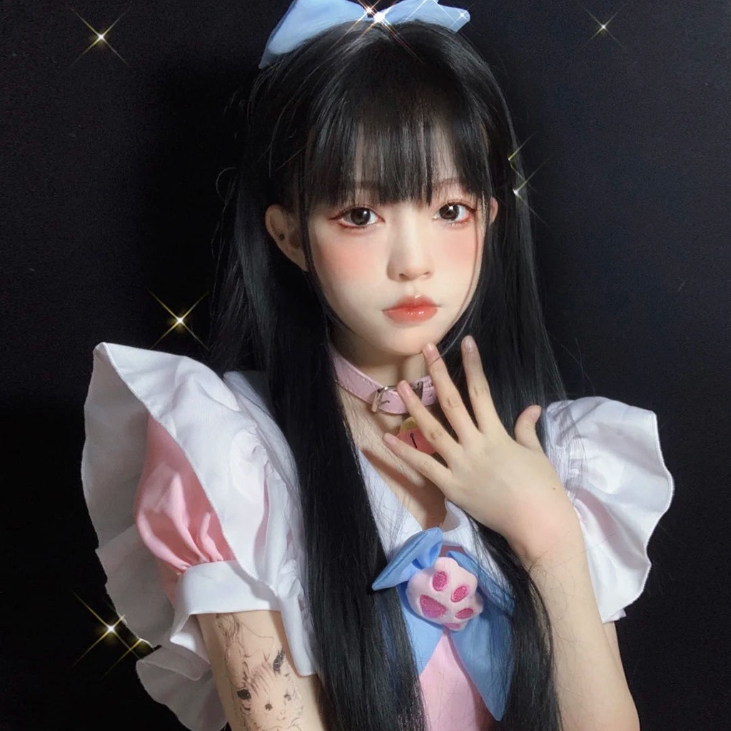 Tóc giả nữ mũ đội đầu thực tế tóc dài thẳng lưới màu đỏ lolita lolita mặt tròn tóc mái bằng jk tóc giả đầy đủ