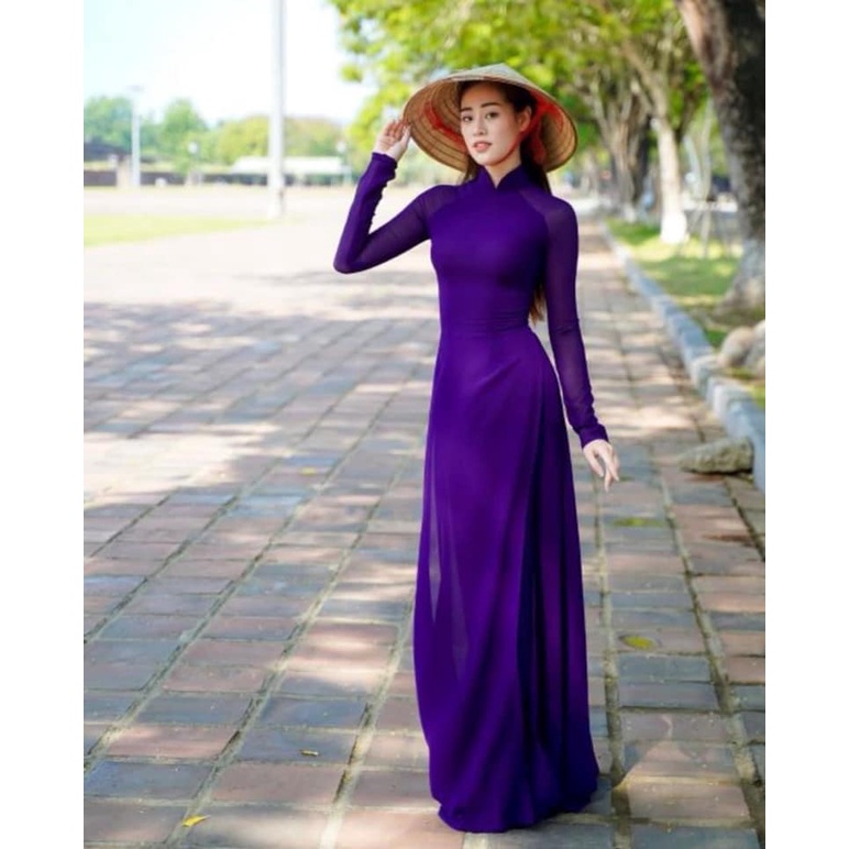 ÁO DÀI TÍM HUẾ ĐẬM TRƠN TRUYỀN THỐNG 4 TÀ MAY SẴN - ÁO DÀI 4 TÀ LỤA CHIFFON TRƠN KÈM QUẦN CÓ BIGSIZE[Hàng loại 1]