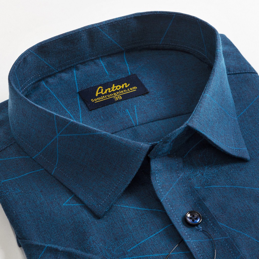 [HÀNG VIỆT NAM] Áo sơ mi Nam  thương hiệu Anton trung tuổi cộc tay vải sợi tre màu xanh sẫm họa tiết chìm – GD615 | BigBuy360 - bigbuy360.vn