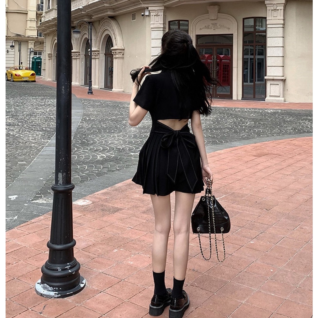 Váy cổ vest 2 hàng cúc xếp ly thắt nơ lưng phong cách ulzzang