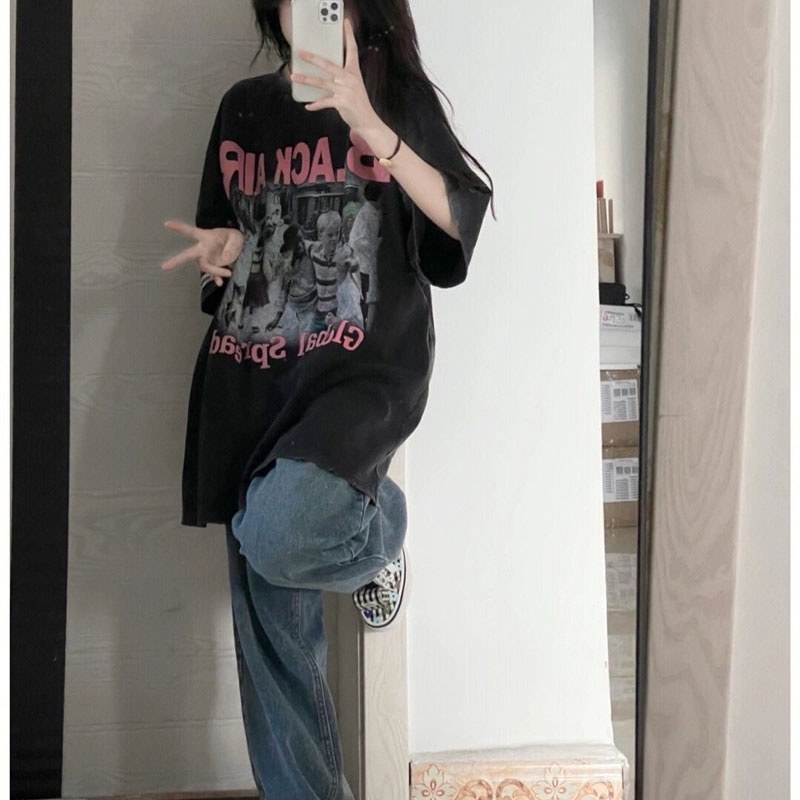 Áo Thun Tay Ngắn Dáng Rộng Phong Cách retro Mỹ