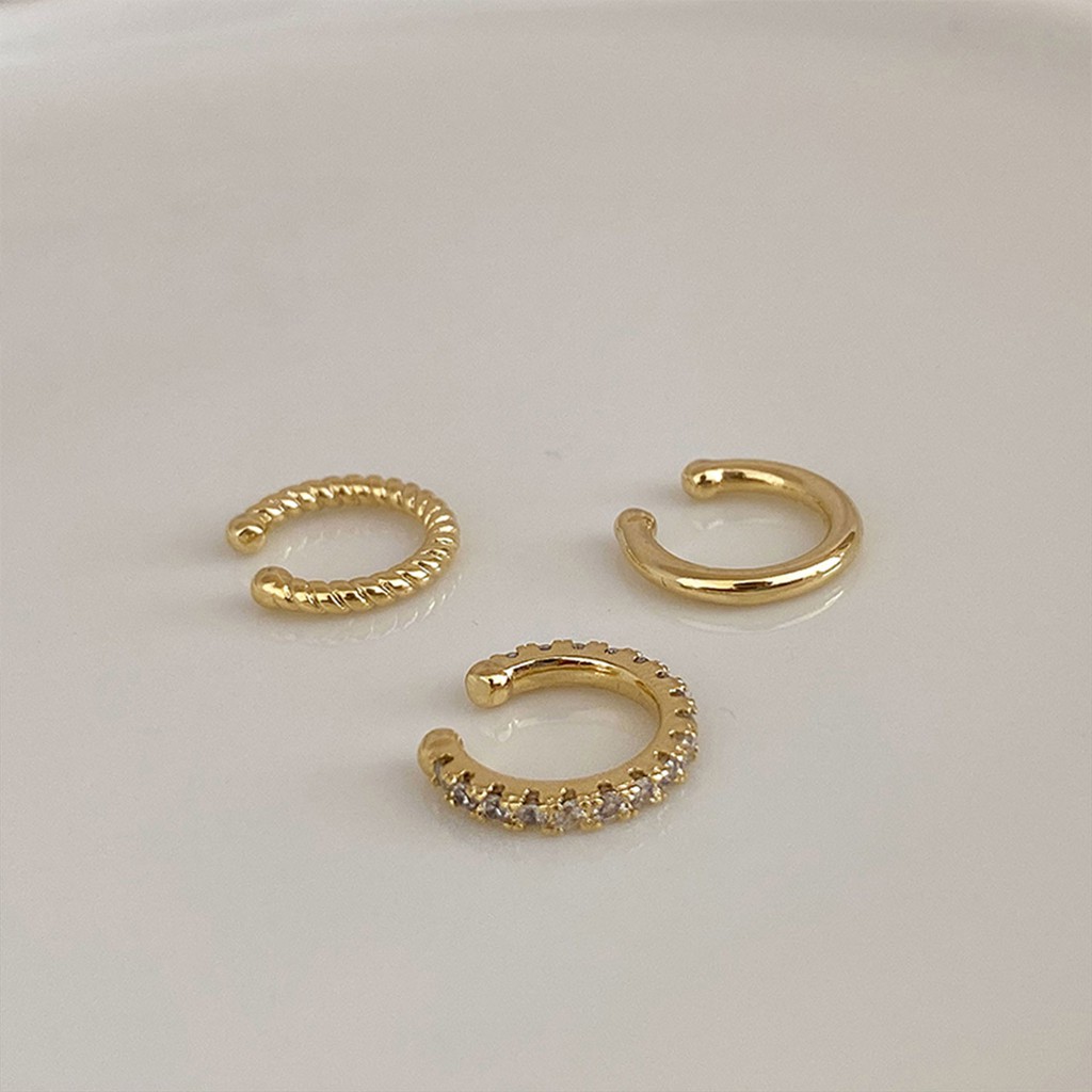 Big Set Ba Món Khuyên Tai Dạng Kẹp Cao Cấp Tinh Tế Đơn Giản Không Xỏ Đính Kim Cương Thời Trang Mùa Đông Cá TíNh Cho Nữ