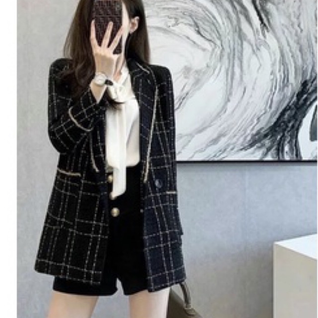 Áo khoác dạ nữ cổ vest kẻ sọc