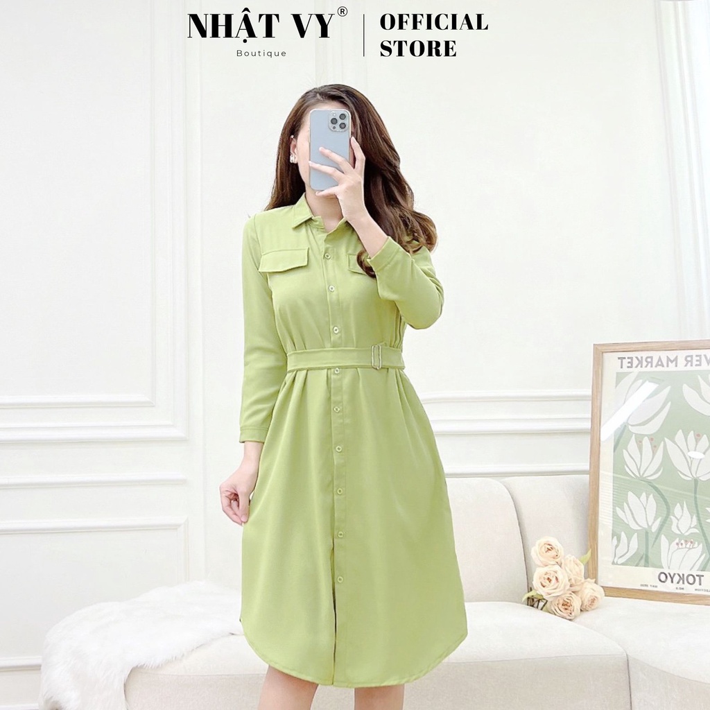 Đầm sơ mi công sở Nhật Vy tay dài nhún eo kèm dây belt chất thun phù hợp đi chơi dạo phố sang chảnh - D2473