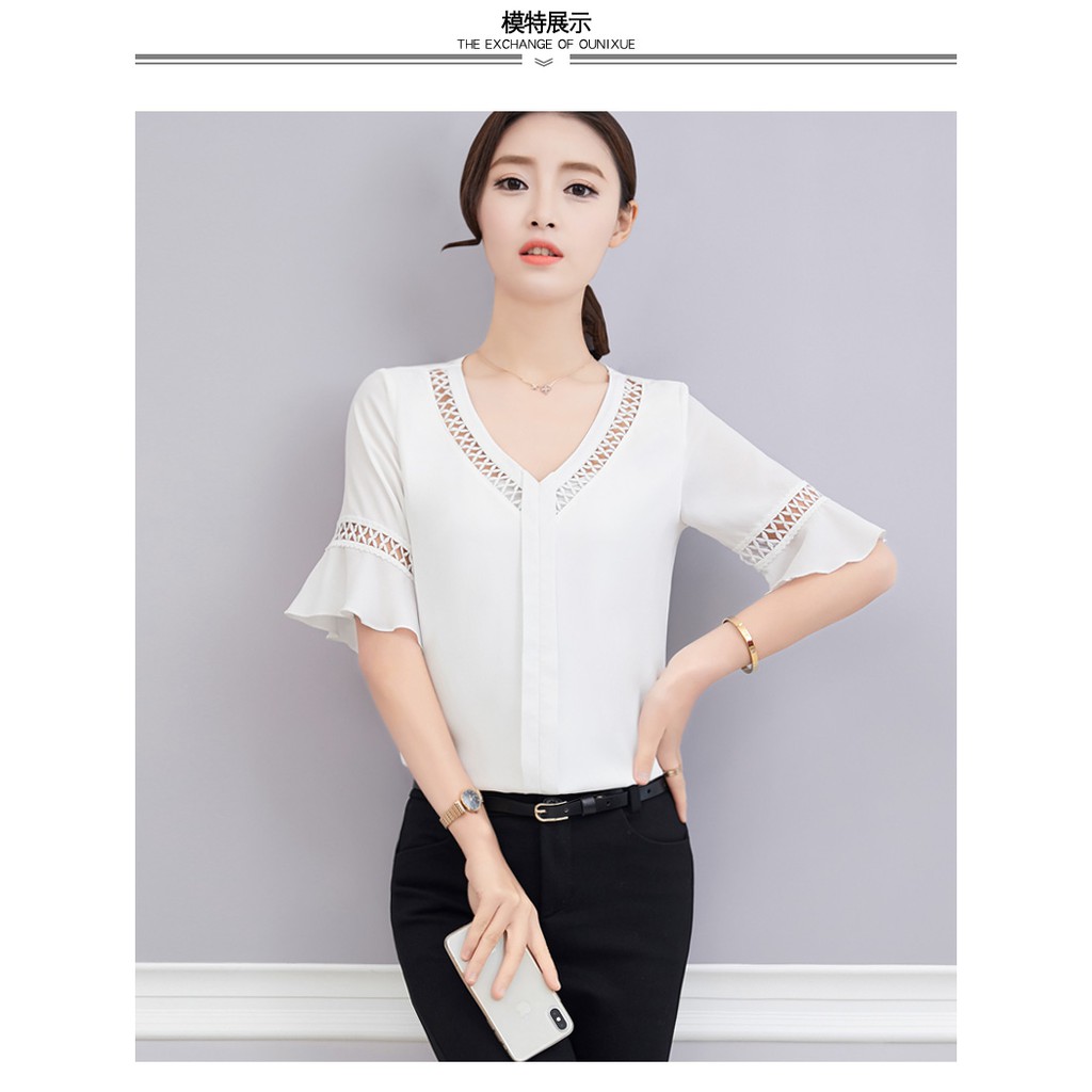 Áo sơ mi nữ công sở GIÁ SỈ kiểu cổ tim tay loe phối ren | BigBuy360 - bigbuy360.vn