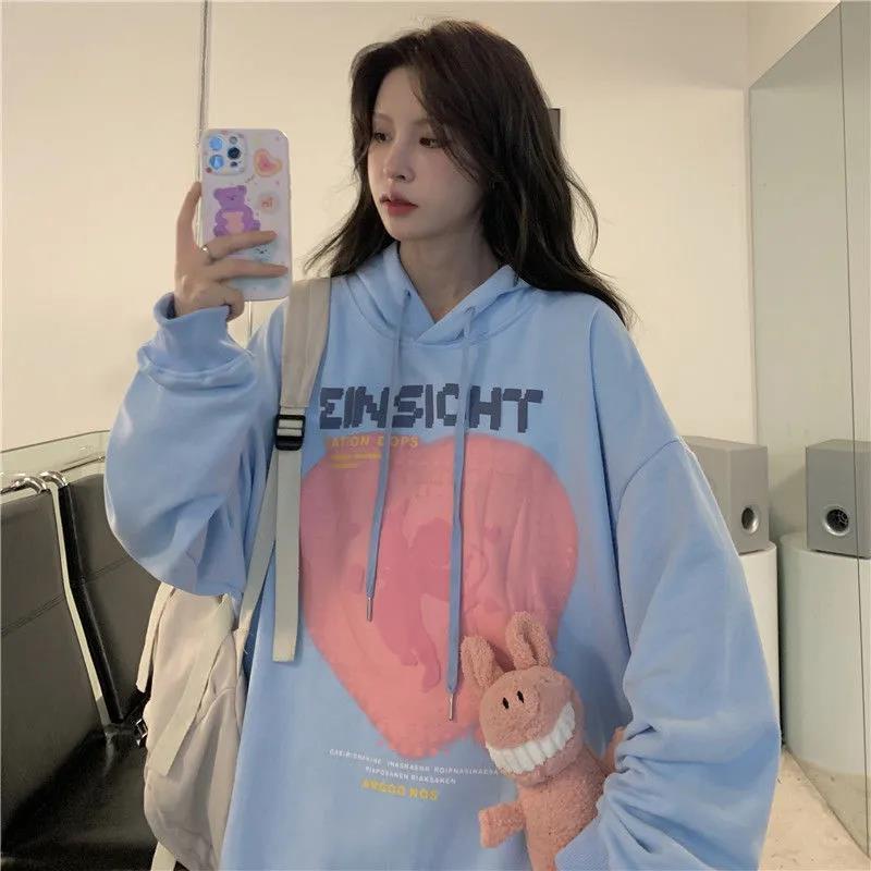 Áo Hoodie Tay Dài Dáng Rộng In Hình Trái Tim Phong Cách Hàn Quốc Thời Trang Xuân Thu Hàng Mới 2021 Dành Cho Bạn Nữ