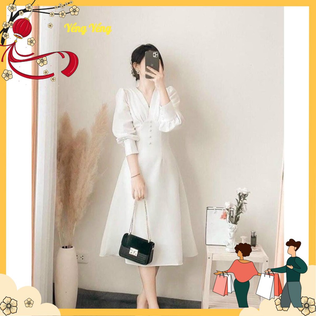 VNU210 - VÁY TRẮNG CỔ TIM CÚC BỌC PHỐI XỐP