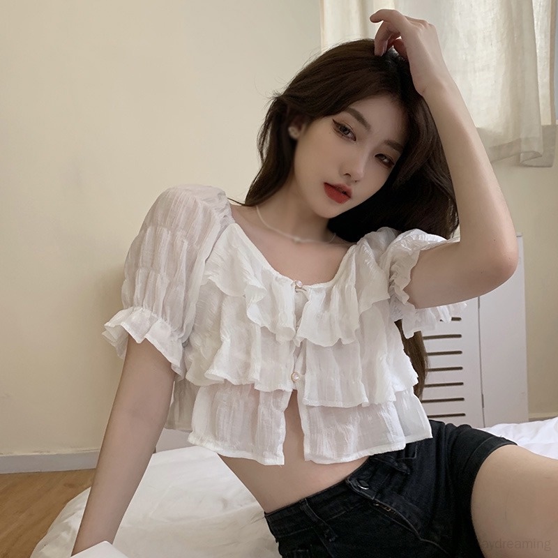 Áo Croptop Áo Sơ Mi Áo Kiểu Trễ Vai Tay Ngắn Dáng Ôm Màu Sắc Ngọt Ngào Thời Trang Cho Nữ