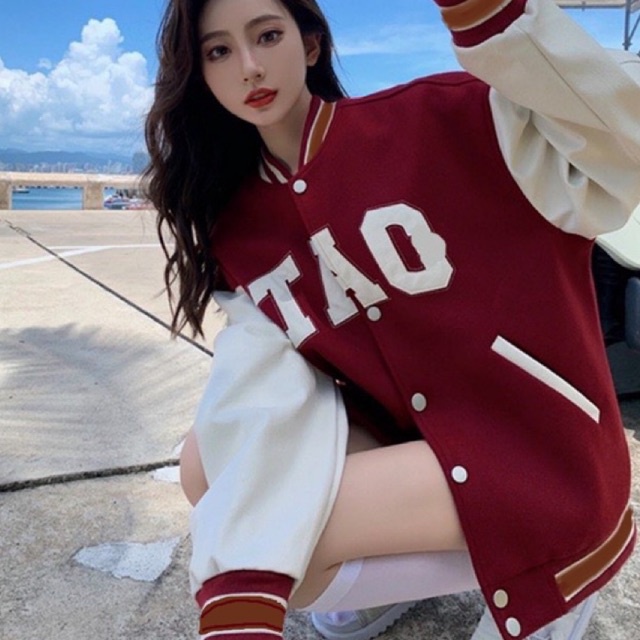 Áo Bomber Nỉ Tàu Đỏ Áo Khoác Bóng Chày TAO Đỏ Trắng