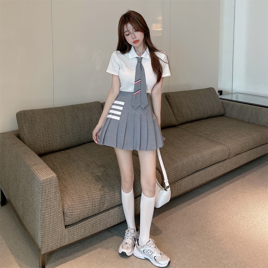 Set áo sơ mi croptop trắng tay ngắn kèm cà vạt xám sọc polo + váy lưng cao tennis xếp ly kẻ ngang ulzzang trẻ trung