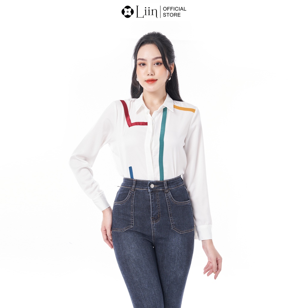 Áo sơ mi trắng linbi thiết kế phối màu cách điệu trẻ trung form công sở thời thượng liin clothingQ3453