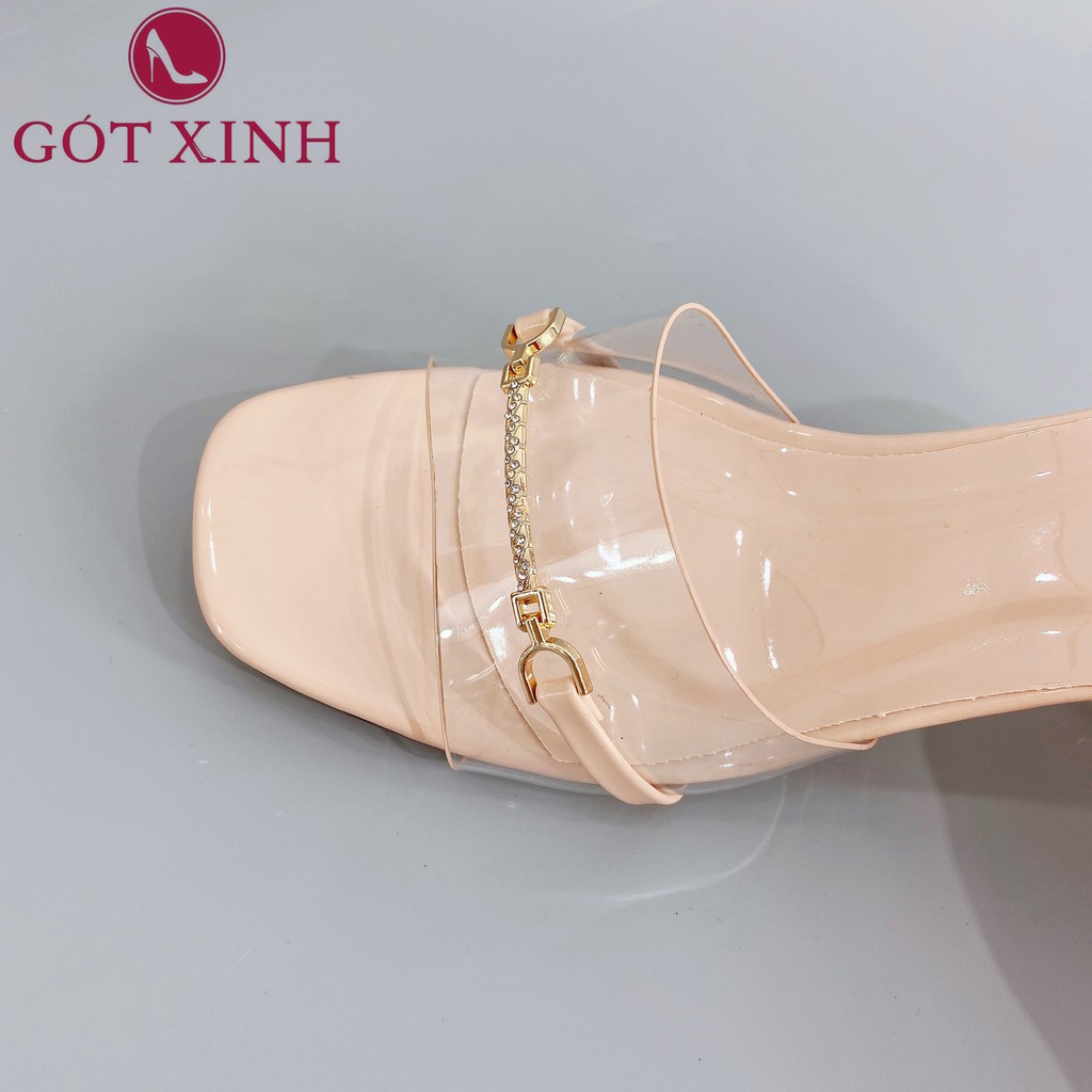 Dép cao gót nữ GÓT XINH D3 mũi vuông quai ngang chất mika đính đá đế cao 5cm