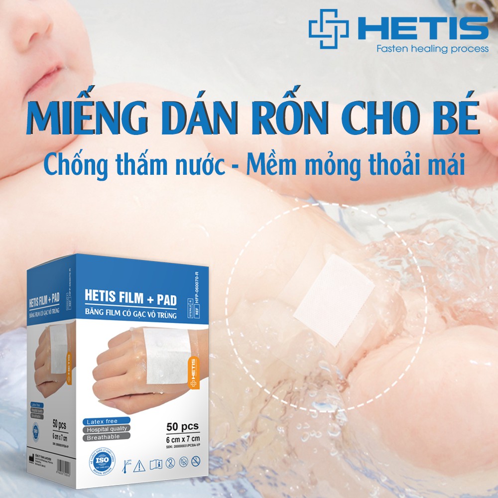 Hộp 50 miếng gạc dán rốn cho bé, bảo vệ chống thấm nước khi tắm bé HETIS Baby Film Pad 6x7cm