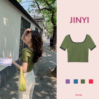 VN106 Áo cộc tay cổ vuông bo viền dáng ngắn croptop