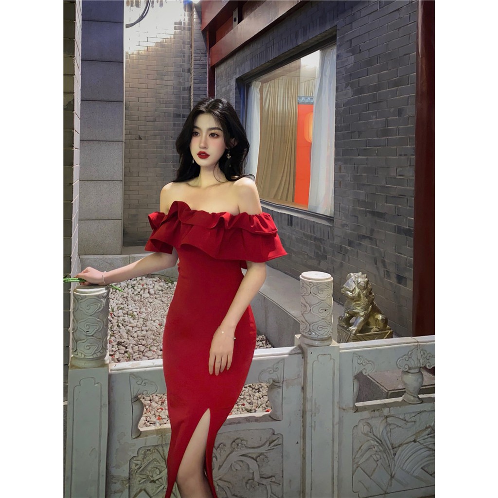 [ORDER] Đầm thiết kế dự tiệc màu đỏ sang trọng kiểu dáng ôm body trễ vai ngực phối bèo tầng xếp ly thân váy xẻ tà gợicảm