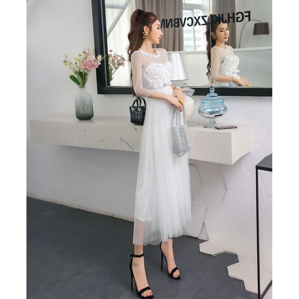 Đầm Dài Hở Lưng Phối Lưới Thời Trang Thanh Lịch Cho Nữ | BigBuy360 - bigbuy360.vn