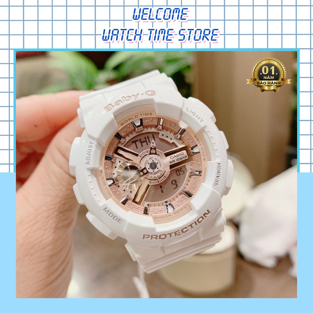 Đồng hồ Nữ Baby-G BA-110 Mặt Vàng Hồng - Dây Nhựa Màu Trắng - Bảo hành 12 tháng