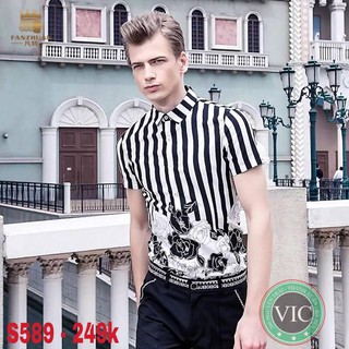 Áo sơ mi s589 tay cộc kẻ sọc hoa 3d