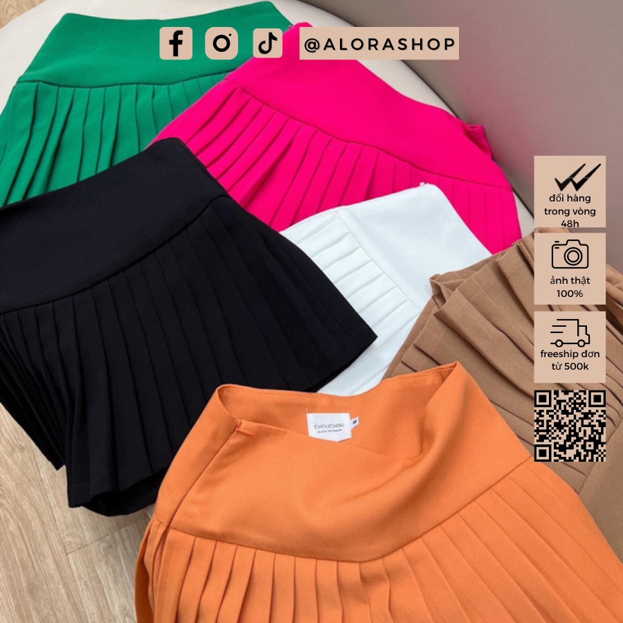 Chân váy nữ dáng ngắn xếp ly cạp to khóa sườn xanh lá, hồng sen, nâu, đen thời trang nữ Alora