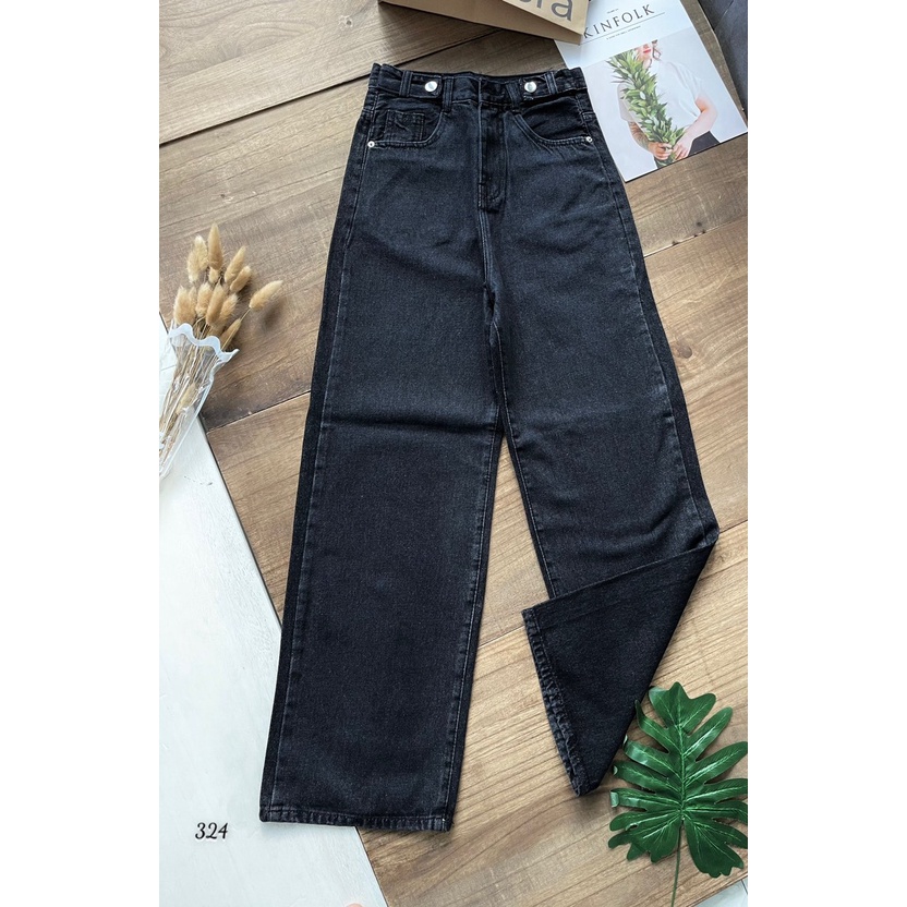 (Hình Video Shop Chụp) Quần jeans ống suông đen nữ lưng cao tôn dáng cạp nút shop Maika-Jeans