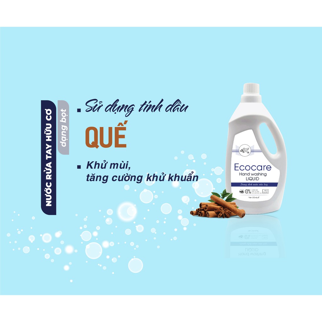 Nước Rửa Tay Hữu Cơ ECOCARE 1000ml Kết Hợp Tinh Dầu Thiên Nhiên (Cam/Quế/Nhài), An Toàn Cho Bé, Phụ Nữ Mang Thai