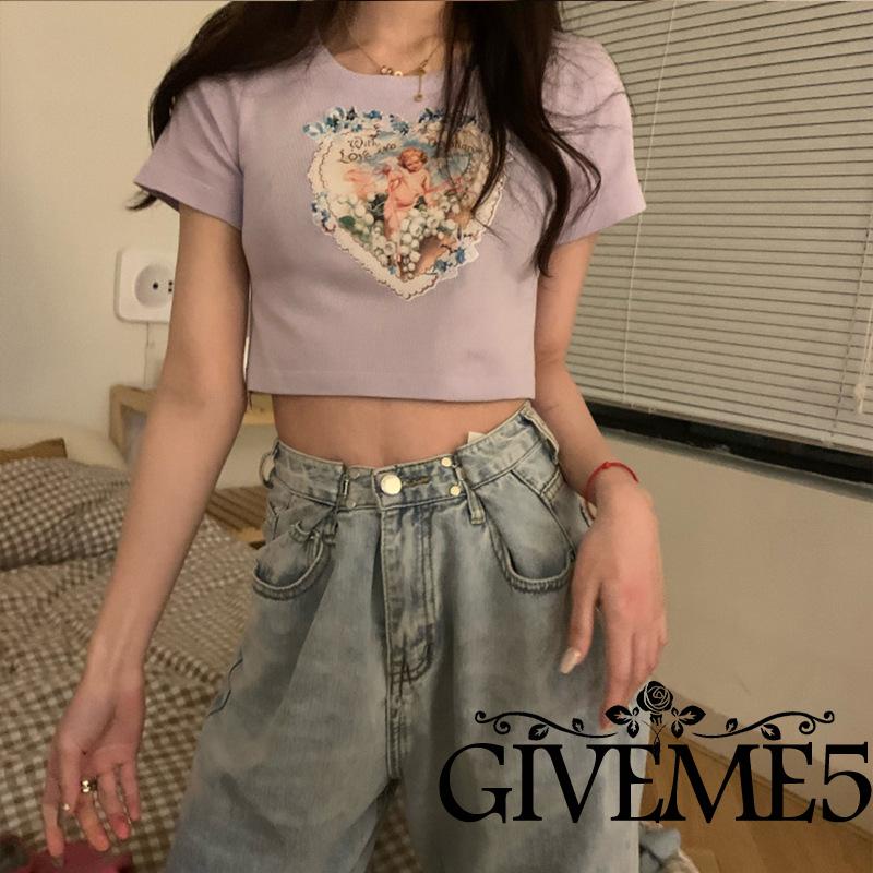 Áo Thun Lửng Tay Ngắn Cổ Tròn In Hình Thiên Thần Thời Trang Cho Nữ