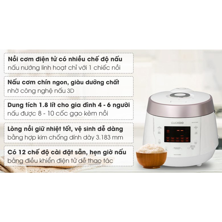 Nồi cơm điện tử Cuckoo CRP-PK1000S/P2PIVNCV 1,8L hồng trắng made in Korean