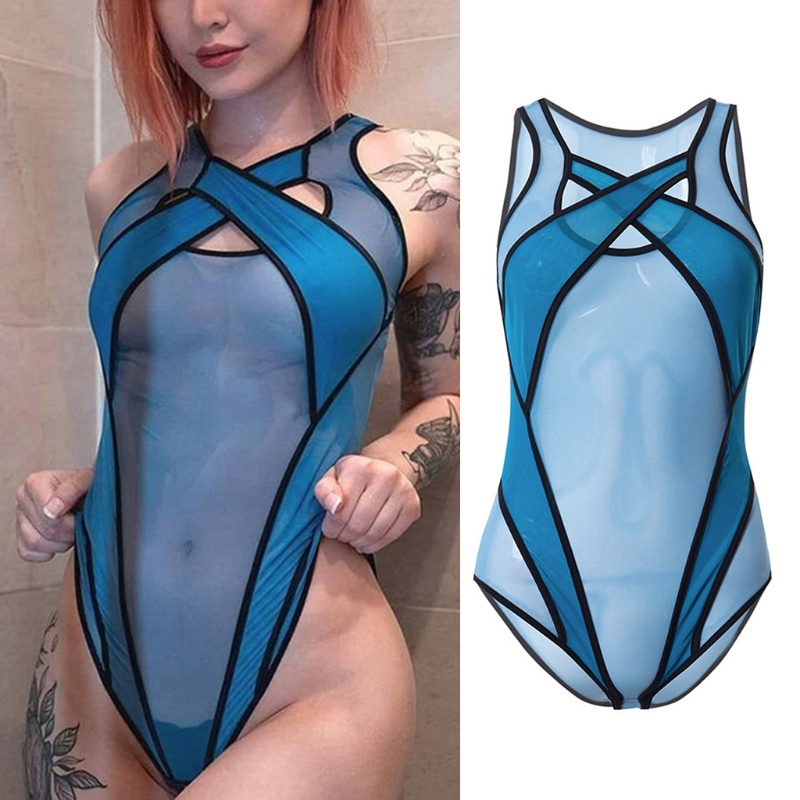 Xiangbao Bộ Áo Liền Quần Lưới Rỗng Không Tay Xuyên Thấu Màu Trơn Dây Chéo Ôm Dáng Mùa Hè Cho Nữ