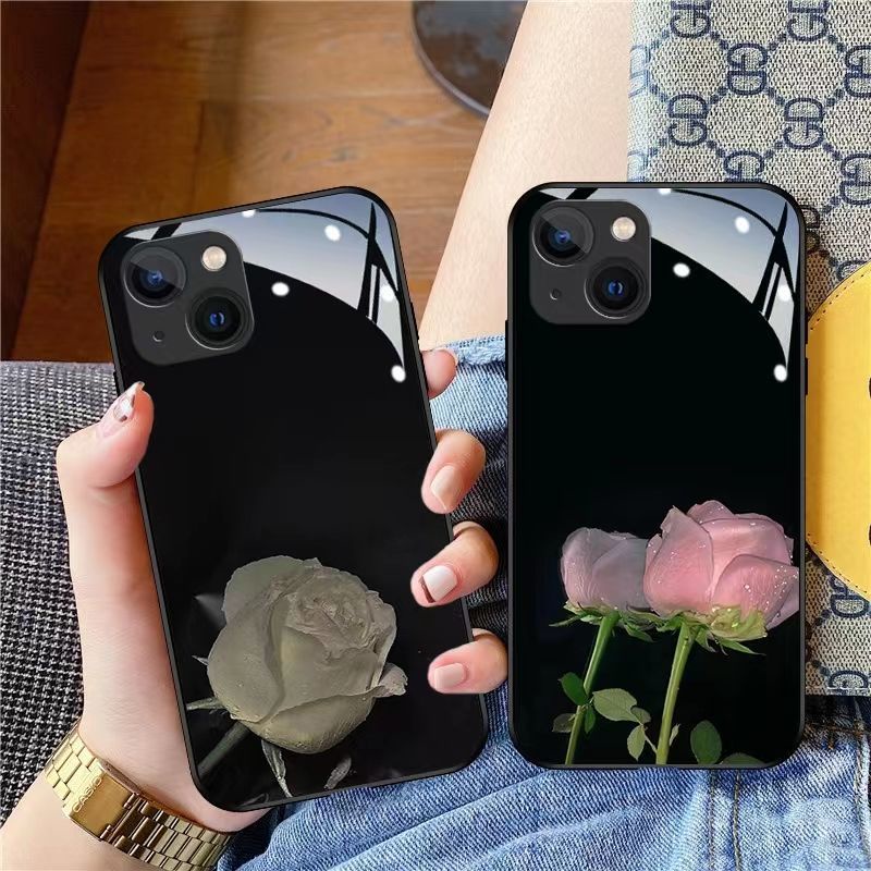 Ốp Điện Thoại Mặt Kính In Hình Hoa Hồng Trắng Cho iPhone 13 iPhone12ProMax / 11 XR / XS 7 / 8P