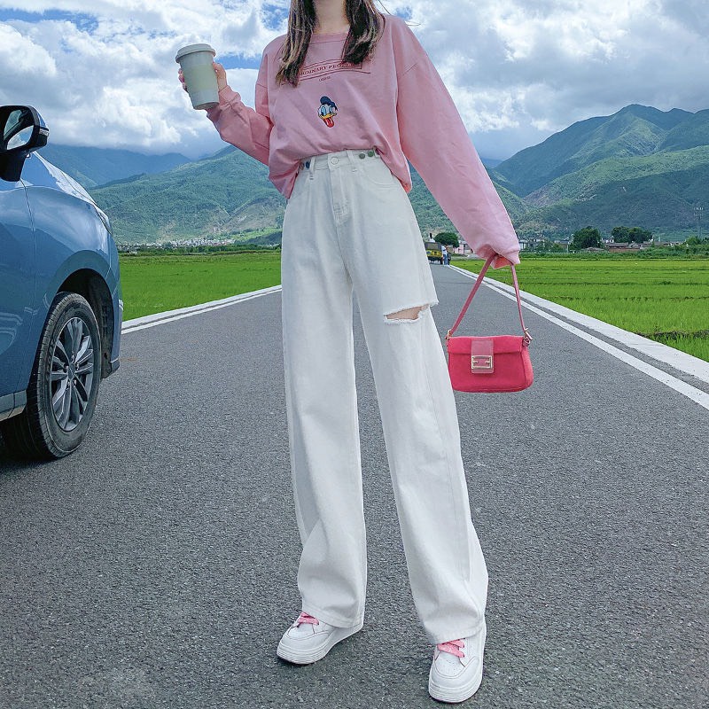 Quần Jean Nữ Xuông Ống Rộng Hai Màu Trắng Đen Basic phong cách Ulzzang che khuyết điểm cực tôn dáng