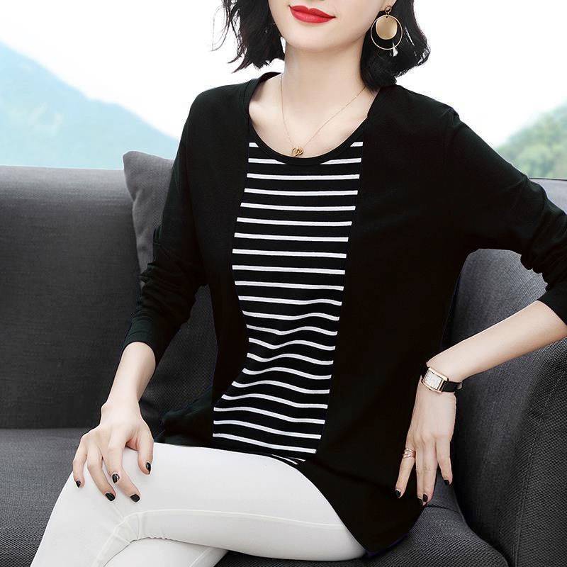 Áo Thun Tay Dài Plus Size Họa Tiết Kẻ Sọc Dành Cho Phụ Nữ Trung Niên
