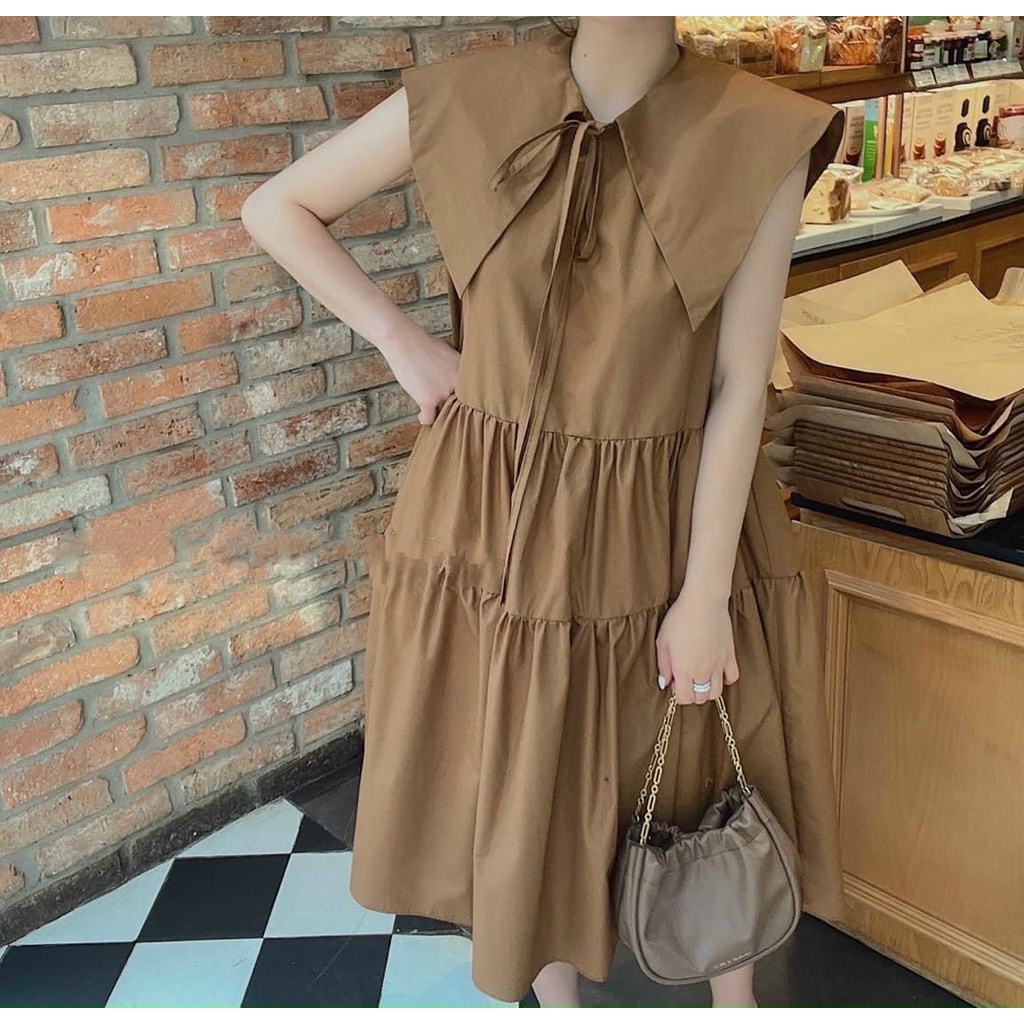 Váy bầu công sở cổ bẻ dáng rộng chất thô hai màu nâu trắng - Đầm bầu dạo phố freesize sát nách cổ thuỷ thủ thanh lịch