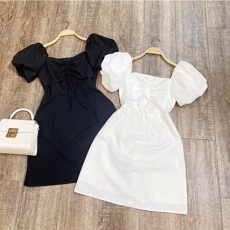 Đầm form A nhíu ngực tay phồng vải đũi 3 màu siêu xinh