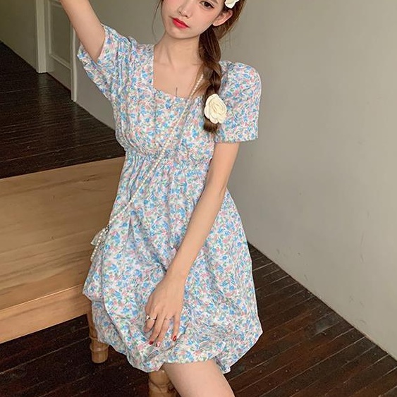 Đầm Dáng Chữ a Tay Phồng Cổ Vuông In Họa Tiết Hoa Phong Cách Pháp Thời Trang Mùa Hè Mới