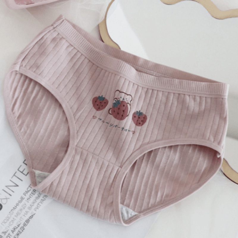 Set 5 Quần Lót Cotton Lưng Vừa Họa Tiết Trái Dâu Dễ Thương Cho Nữ