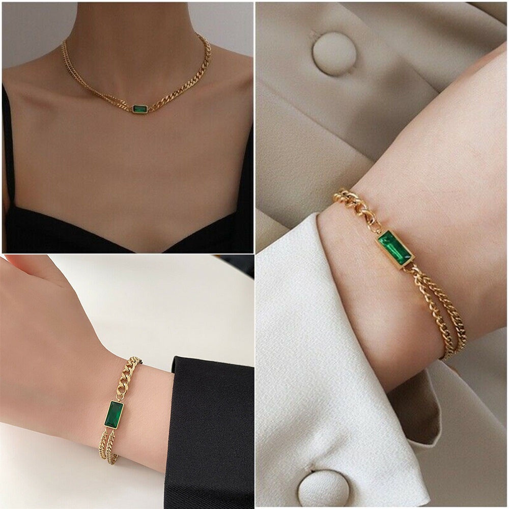 Bộ Trang Sức Dây Chuyền Bông Tai Vòng Tay Đá Ngọc Lục Bảo Hình Vuông Cổ Điển Cho Nữ