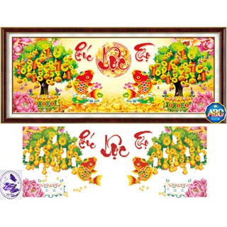 Tranh đính đá cá chép Phúc Lộc Thọ. Kích thước: 120x50cm