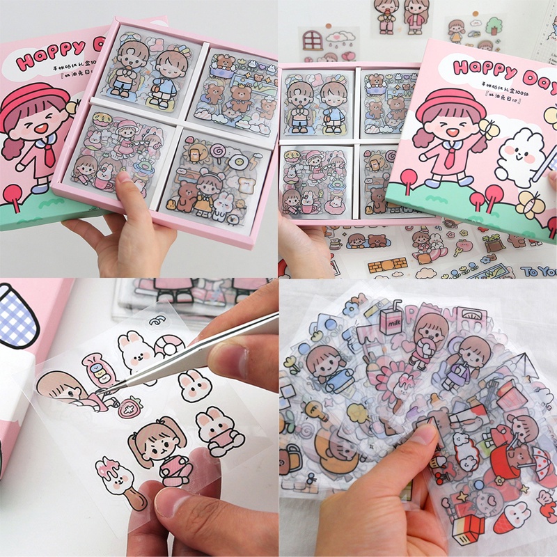 Set 100 nhãn dán chủ đề động vật bằng nhựa PET bắt mắt trang trí sổ lưu niệm độc đáo
