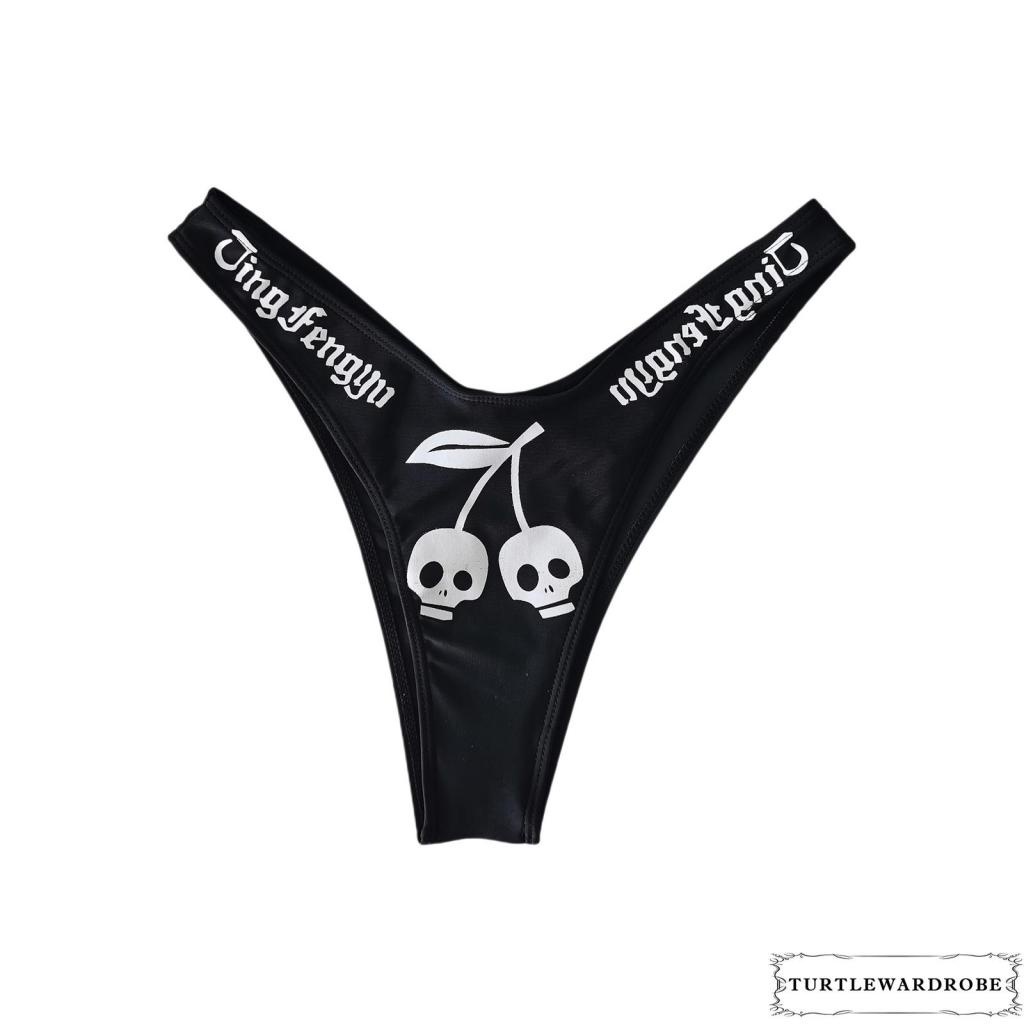 Bộ đồ bơi bikini cổ chữ V xẻ sâu in họa tiết đầu lâu + quần lót lưng thun co giãn cho nữ
 | BigBuy360 - bigbuy360.vn