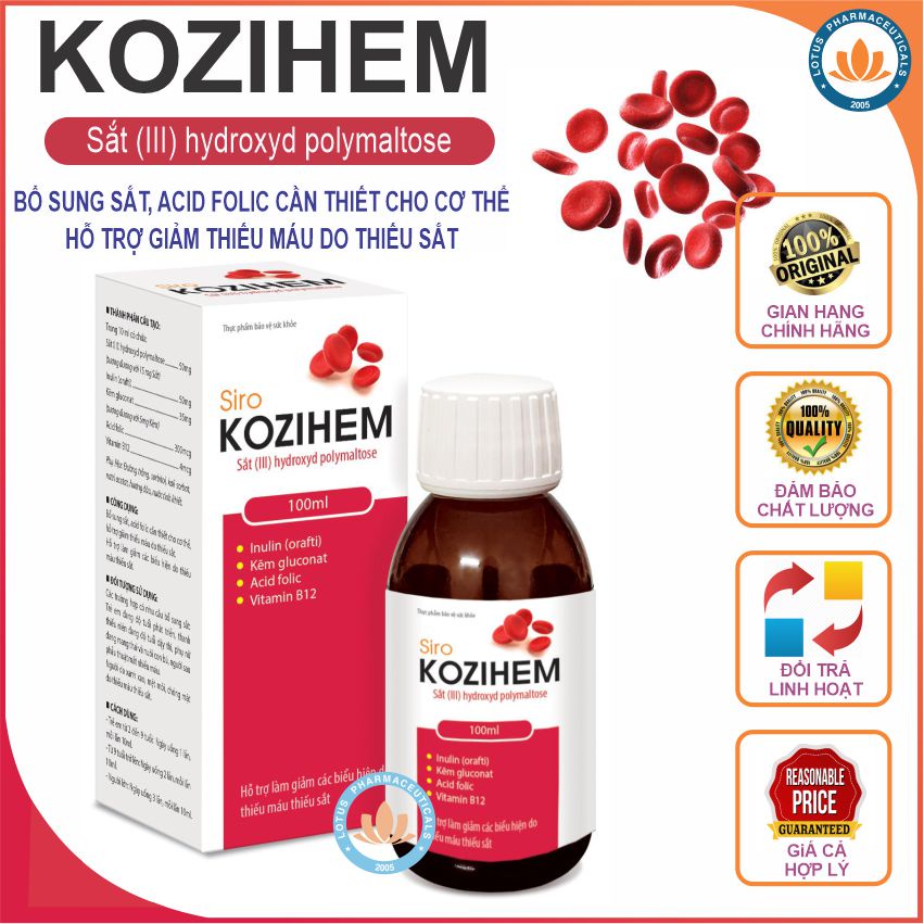 KOZIHEM thực phẩm bổ sung Sắt Acid Folic, Vitamin, vi lượng cho trẻ em thiếu máu và thai phụ,Tặng quà trị giá 39K. Lotus