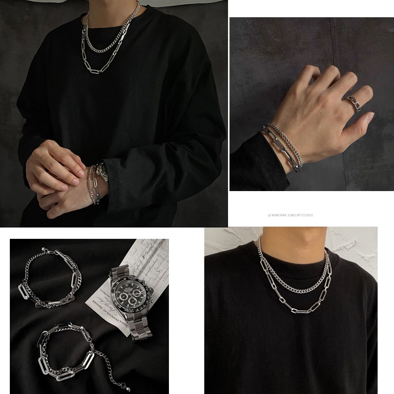 Vòng cổ / Vòng đeo tay hai lớp dạng xích phong cách hip hop cá tính retro đơn giản