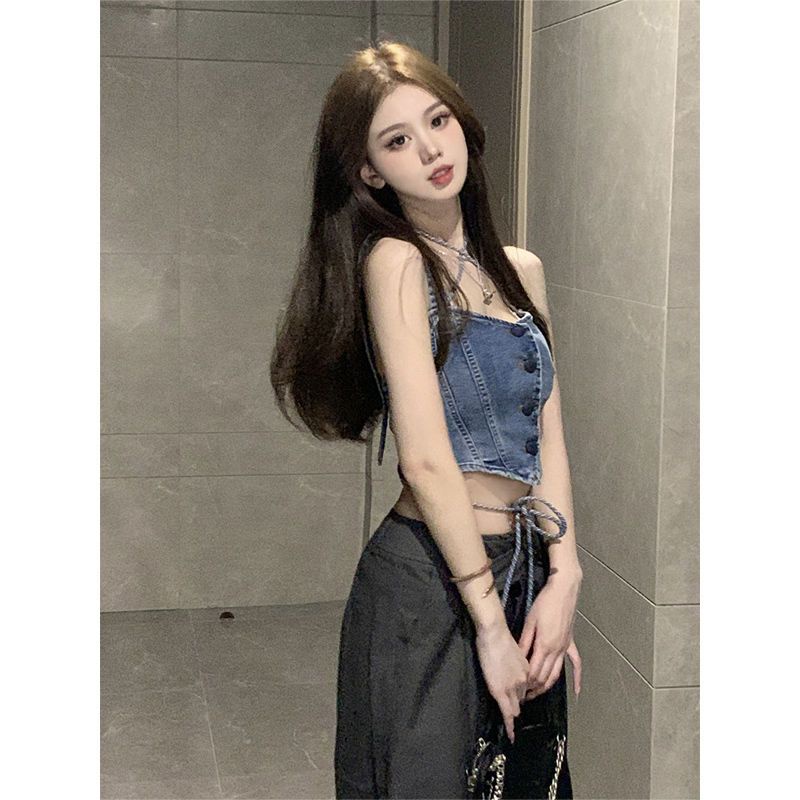 Jiashucheng Áo Denim Hai Dây Thắt Dây Phong Cách Mới Mặc Ngoài Trời Ngọt Ngào Cho Nữ