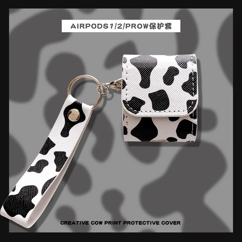 Vỏ Bảo Vệ Hộp Sạc Tai Nghe Bluetooth Airpods 1 / 2 / Pro Bằng Da Họa Tiết Bò Sữa Dễ Thương