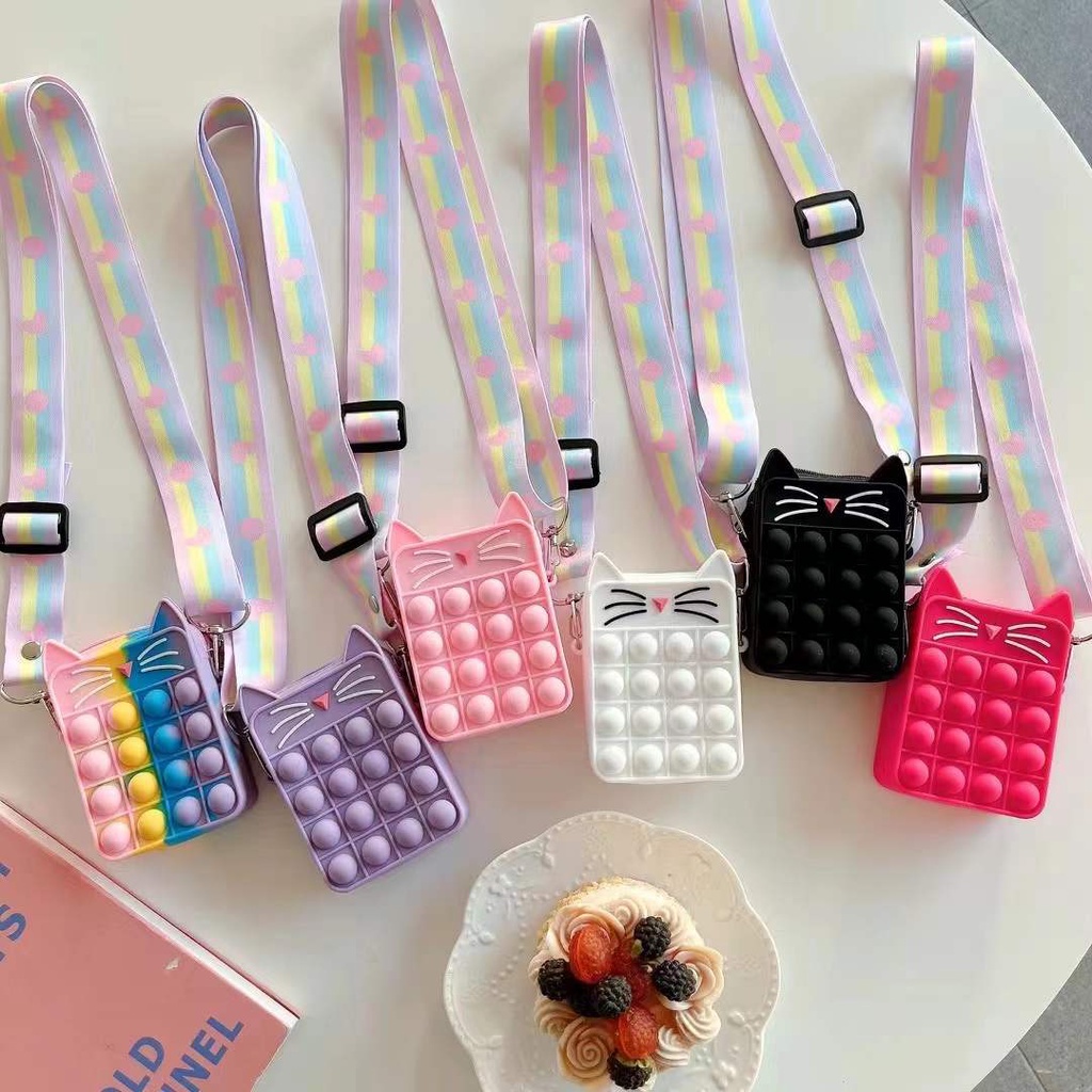 Ví Silicon Đựng Tiền Xu Hình Mặt Mèo Màu Cầu Vồng Dễ Thương Cho Bé Gái