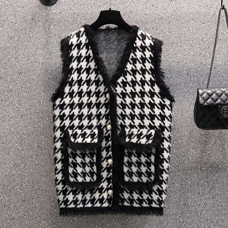 Áo sweater dệt kim RENJIANVSHENG Xiaoxiang sát nách họa tiết houndstooth nhẹ nhàng phong cách Hàn Quốc cho nữ