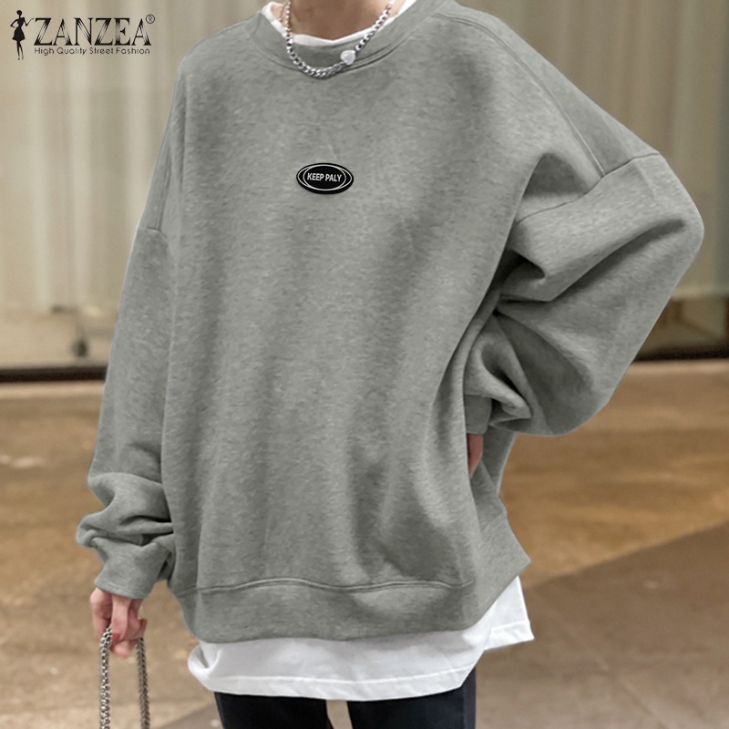 Áo sweater ZANZEA màu trơn dáng rộng cổ chữ O phong cách giản dị thời trang đường phố cho nữ