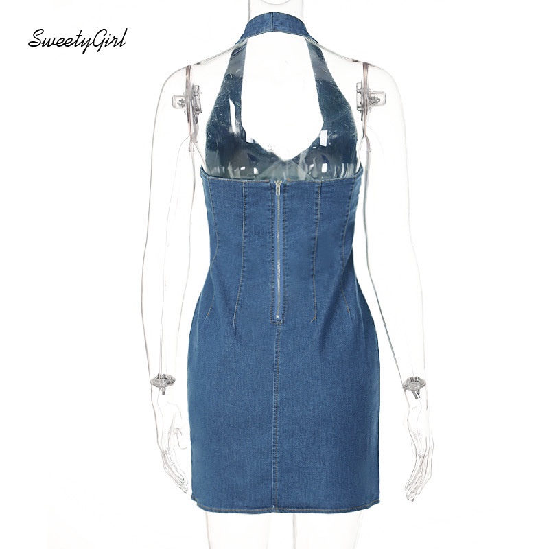 Đầm Denim Cổ Chữ V Hở Lưng Có Khóa Kéo Phía Sau Dành Cho Nữ 2022