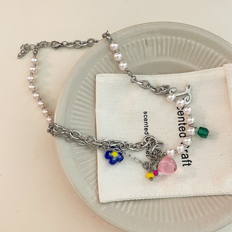 Vòng cổ Thép Titan Mặt Hoa Thủy Tinh Đính Ngọc Trai Dễ Thương